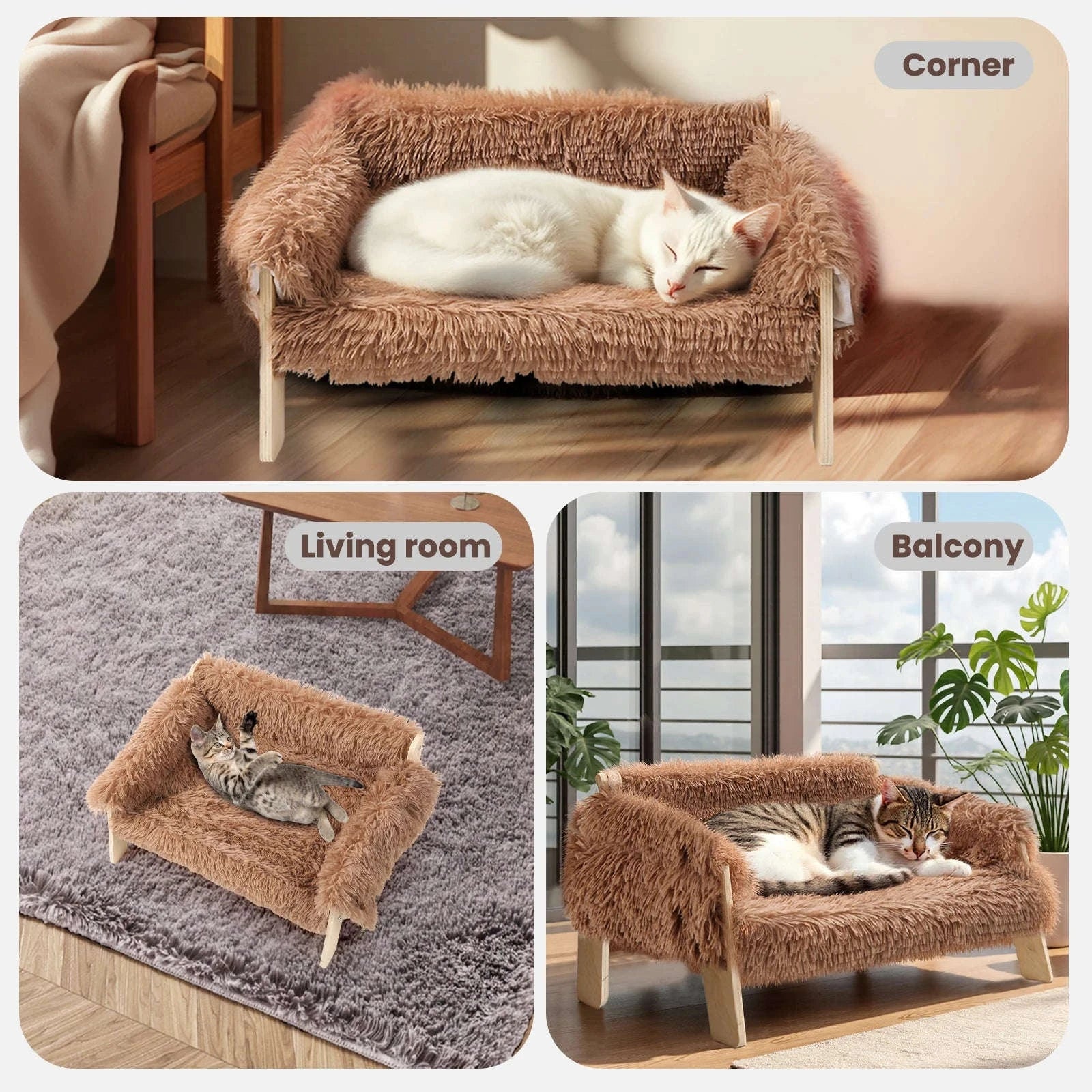 Large Raised Plush Cat Sofa Bed with Wooden Legs-Brown / United Kingdom
