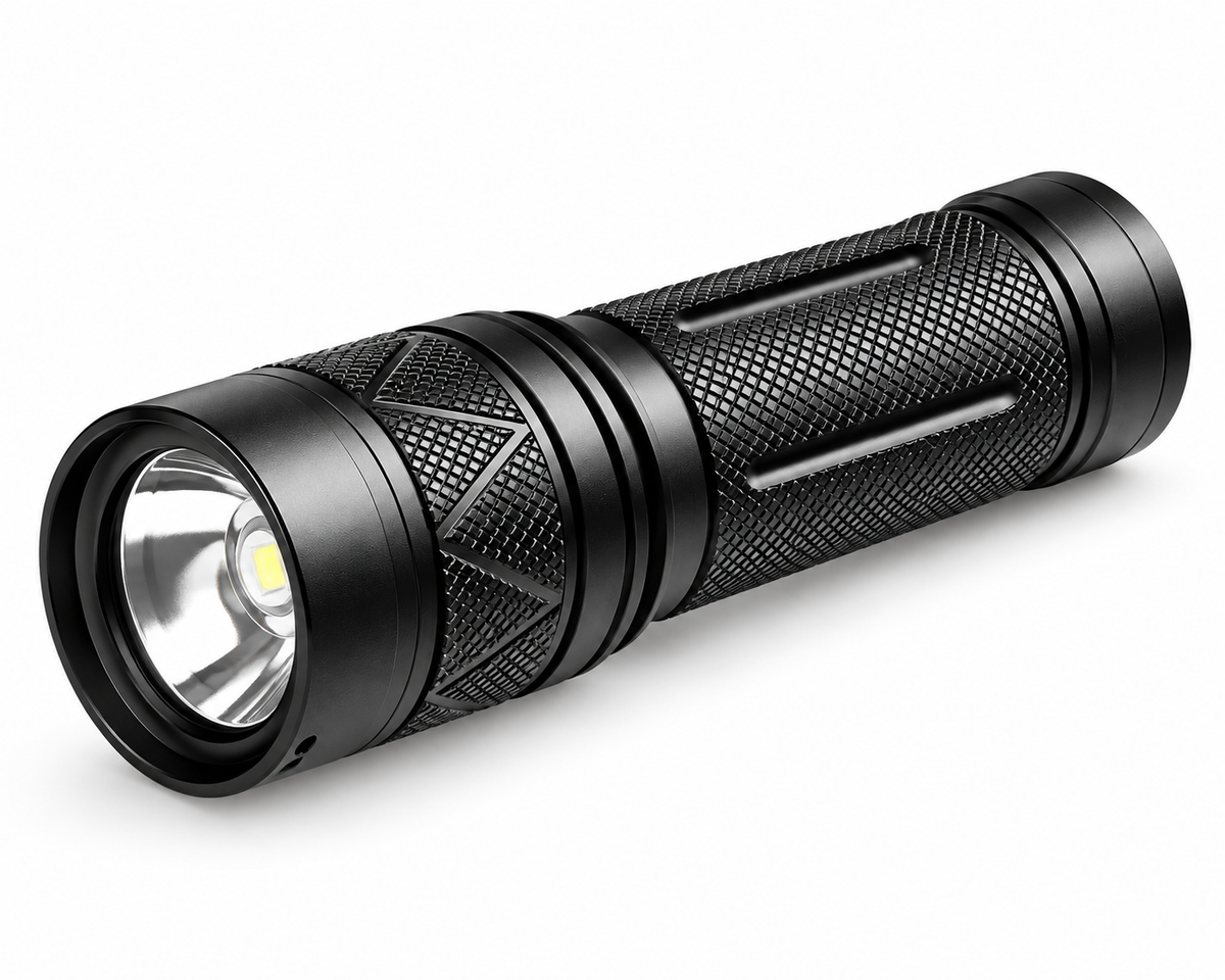 Black rechargeable handheld flashlight on white background