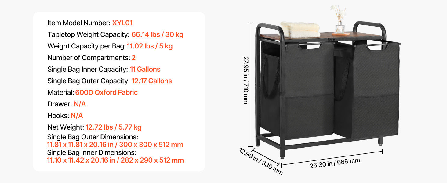 Large Laundry Sorter with Metal Frame & Pull-Out Bags