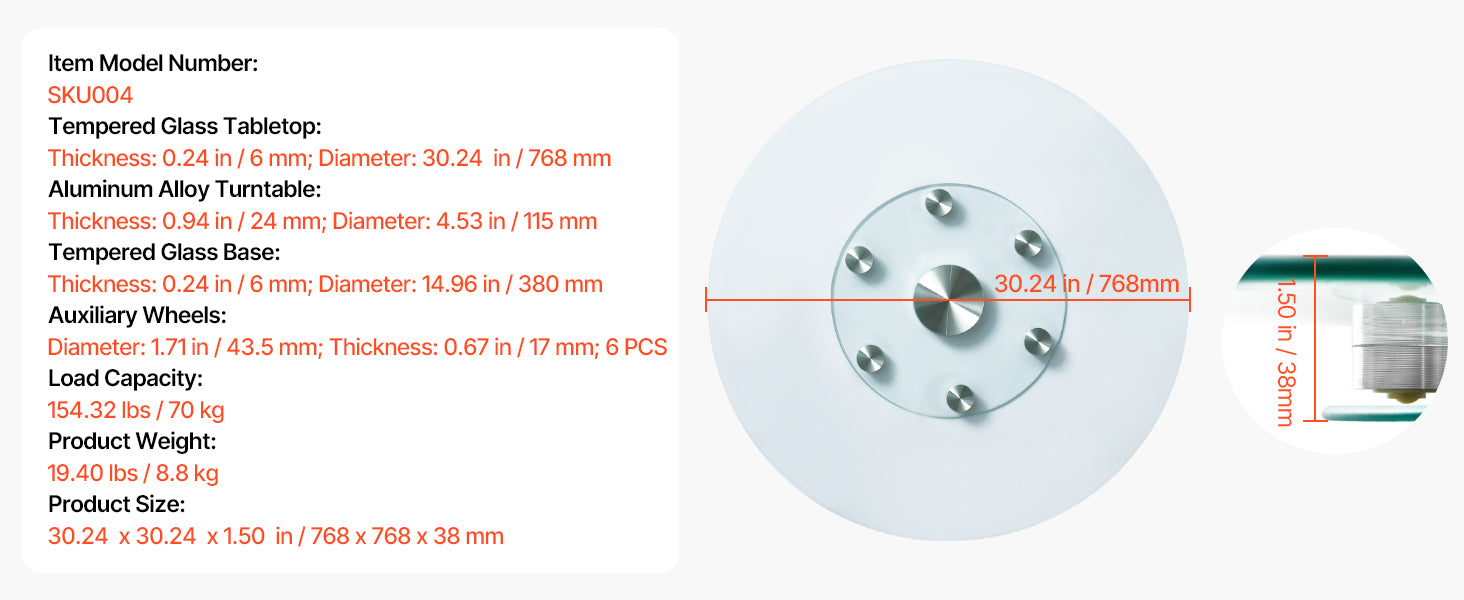 SucceBuy 20/24/30in Glass Lazy Susan Turntable 360° Rotation Tabletop Rotating Tray for Family Gatherings Banquets and Weddings