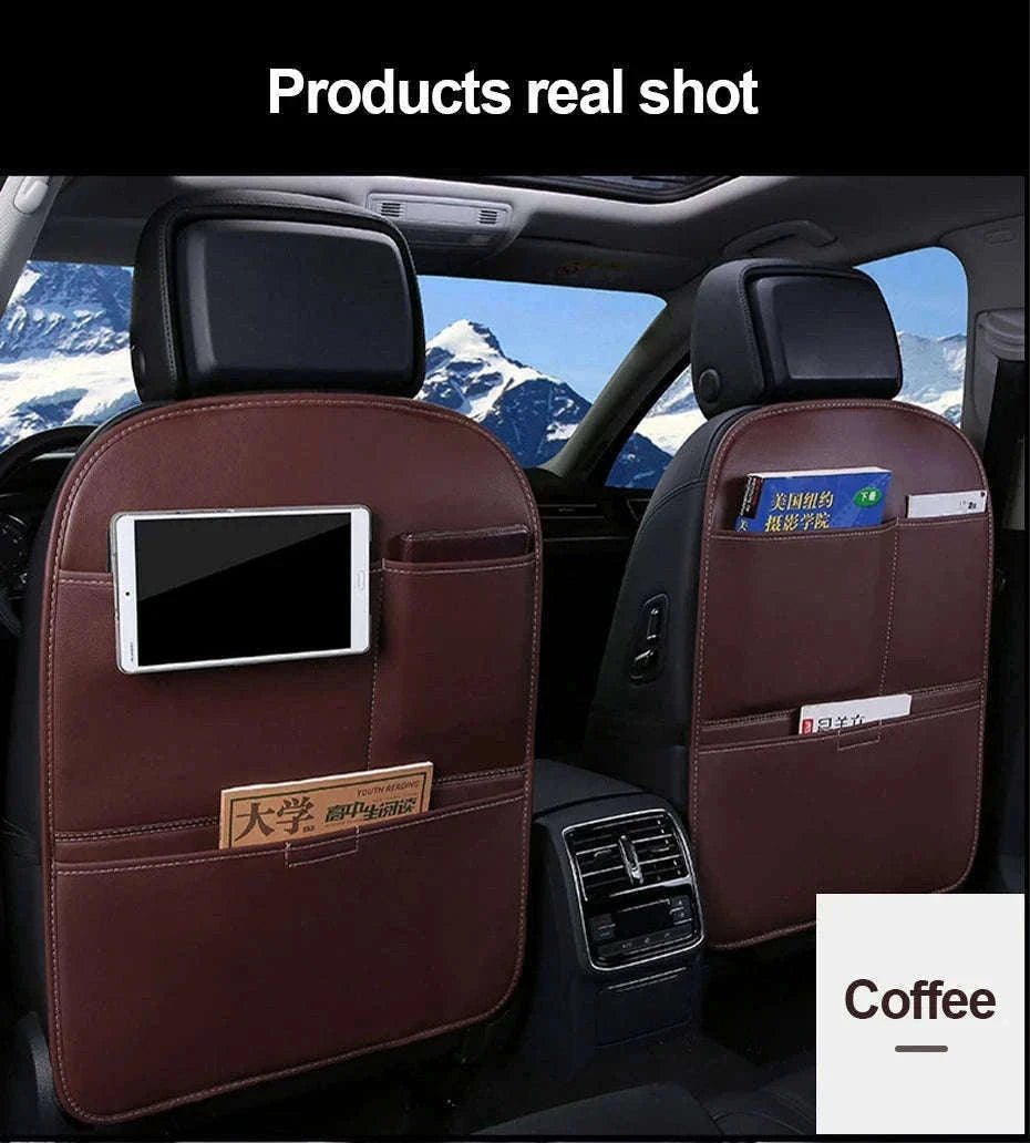 Leather Car Seat Back Protector with Storage Pocket-Leather Black 1PC