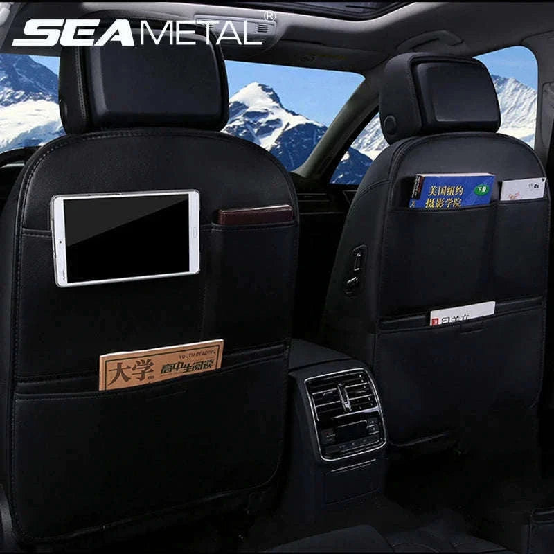 Leather Car Seat Back Protector with Storage Pocket-Leather Black 1PC