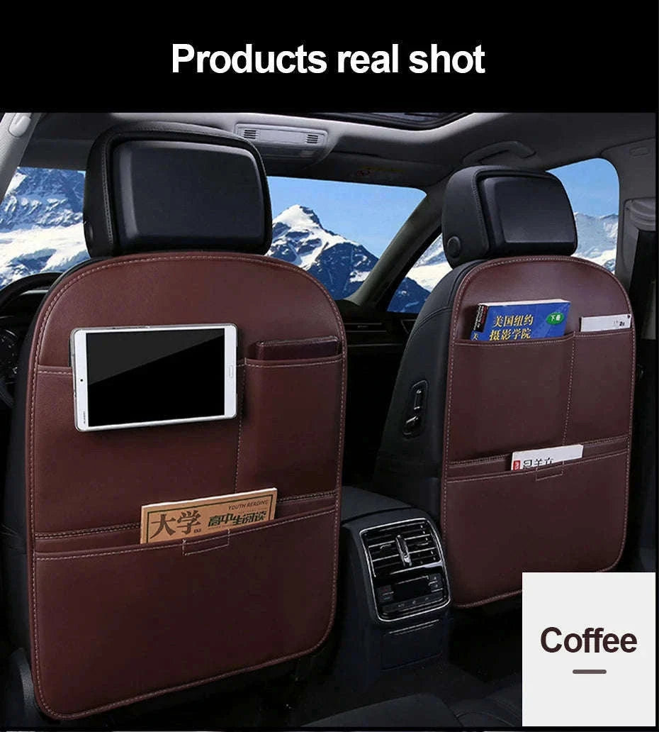 Leather Car Seat Back Protector with Storage Pocket-Leather Black 1PC