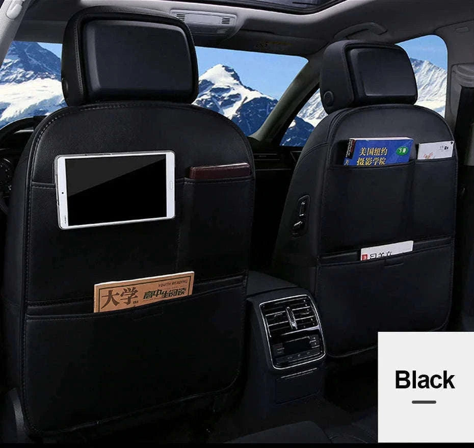Leather Car Seat Back Protector with Storage Pocket-Leather Black 1PC