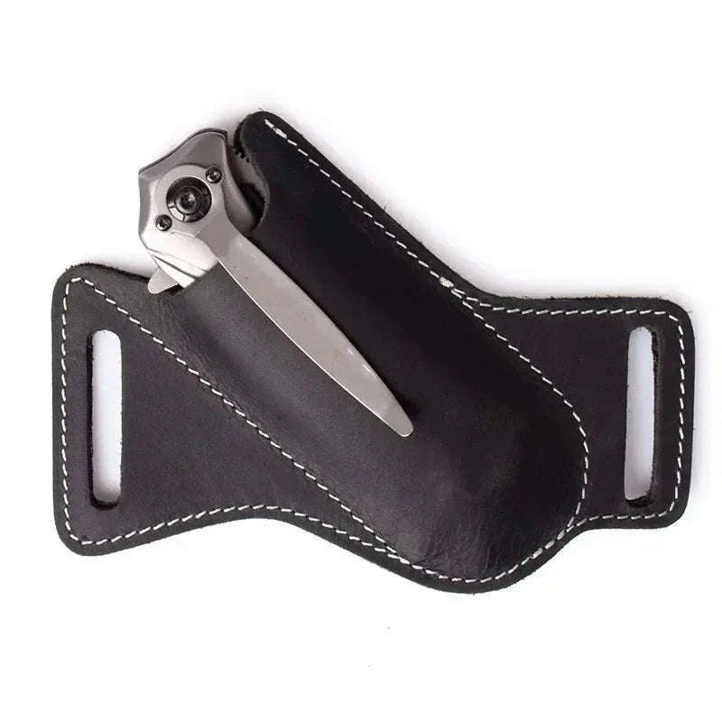 Leather Knife Storage Sheath with Belt Clip for Folding Knives-black