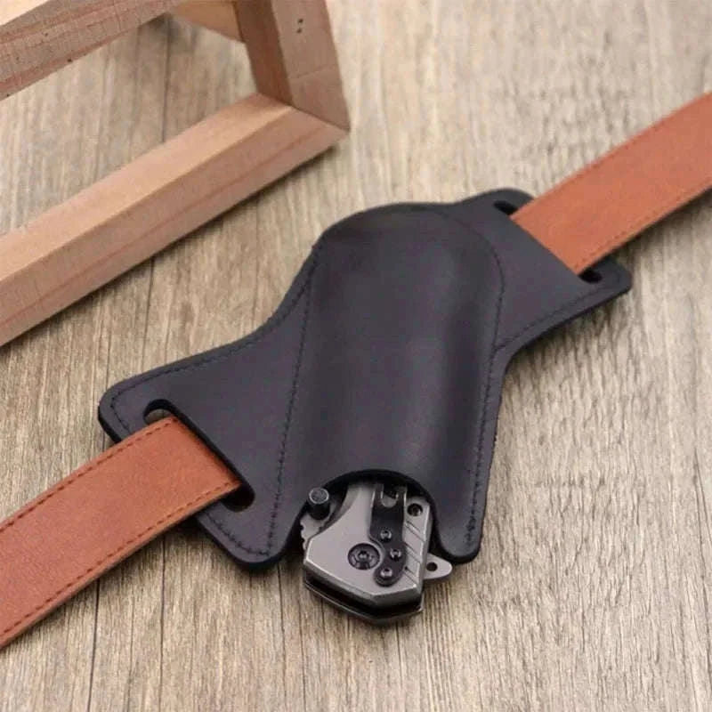 Leather Knife Storage Sheath with Belt Clip for Folding Knives-black