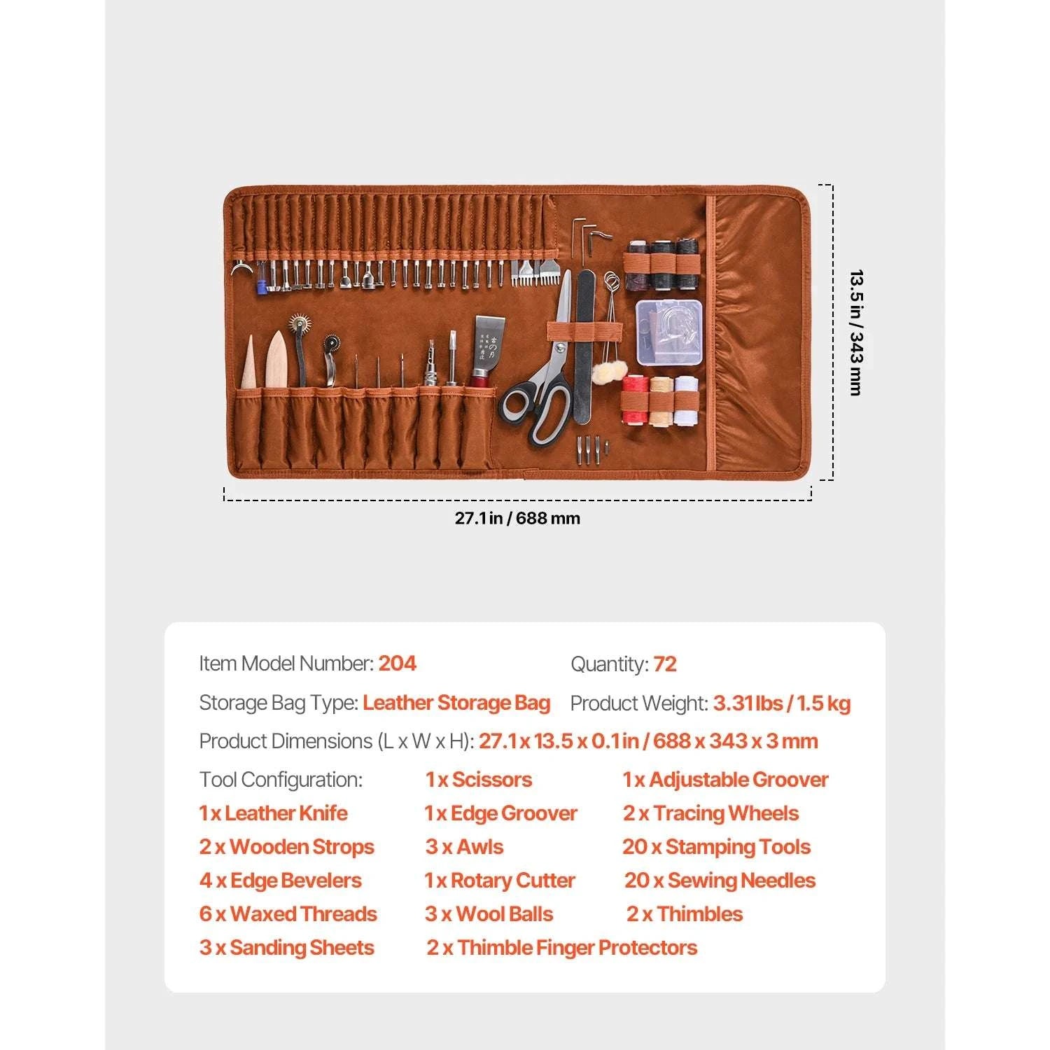 Leather Working Tools Kit Set with Storage Bag (38–92 Pieces)-72PCs Leather / United States