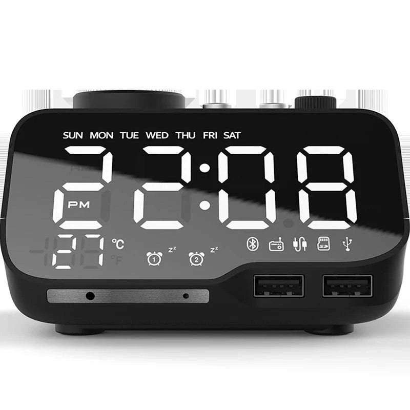 LED Alarm Clock Bluetooth Speaker with FM Radio & USB Charging-White UK Plug
