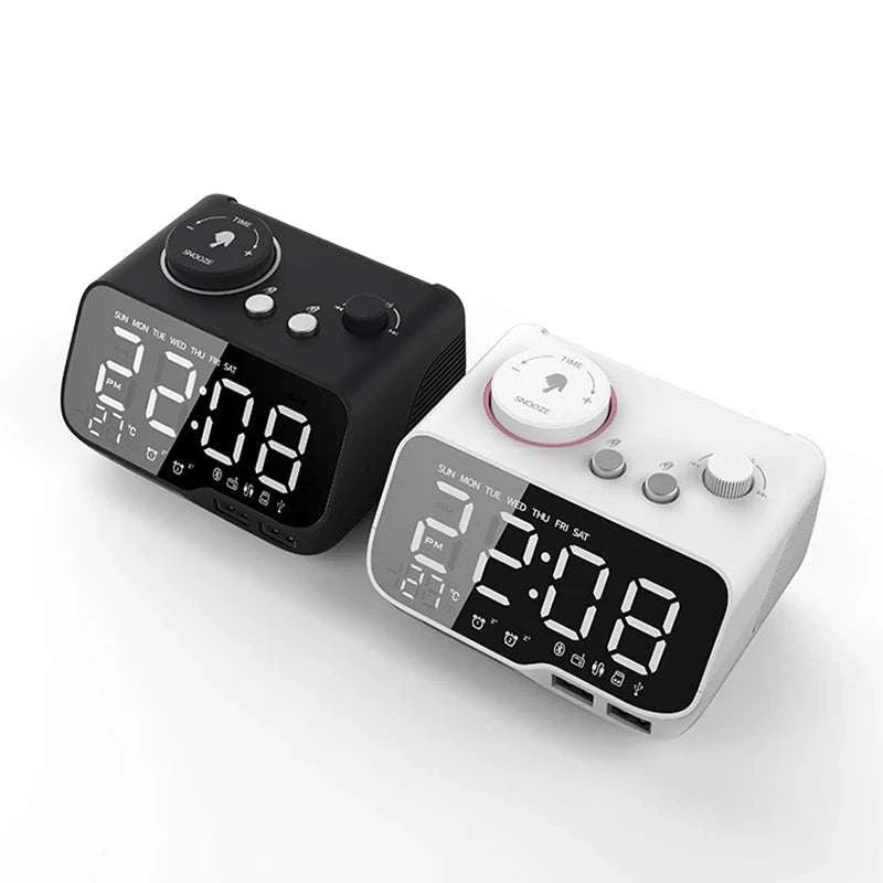 LED Alarm Clock Bluetooth Speaker with FM Radio & USB Charging-White UK Plug