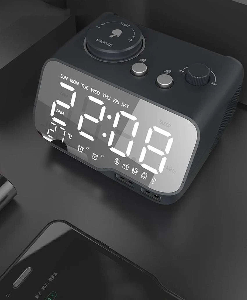 LED Alarm Clock Bluetooth Speaker with FM Radio & USB Charging-White UK Plug