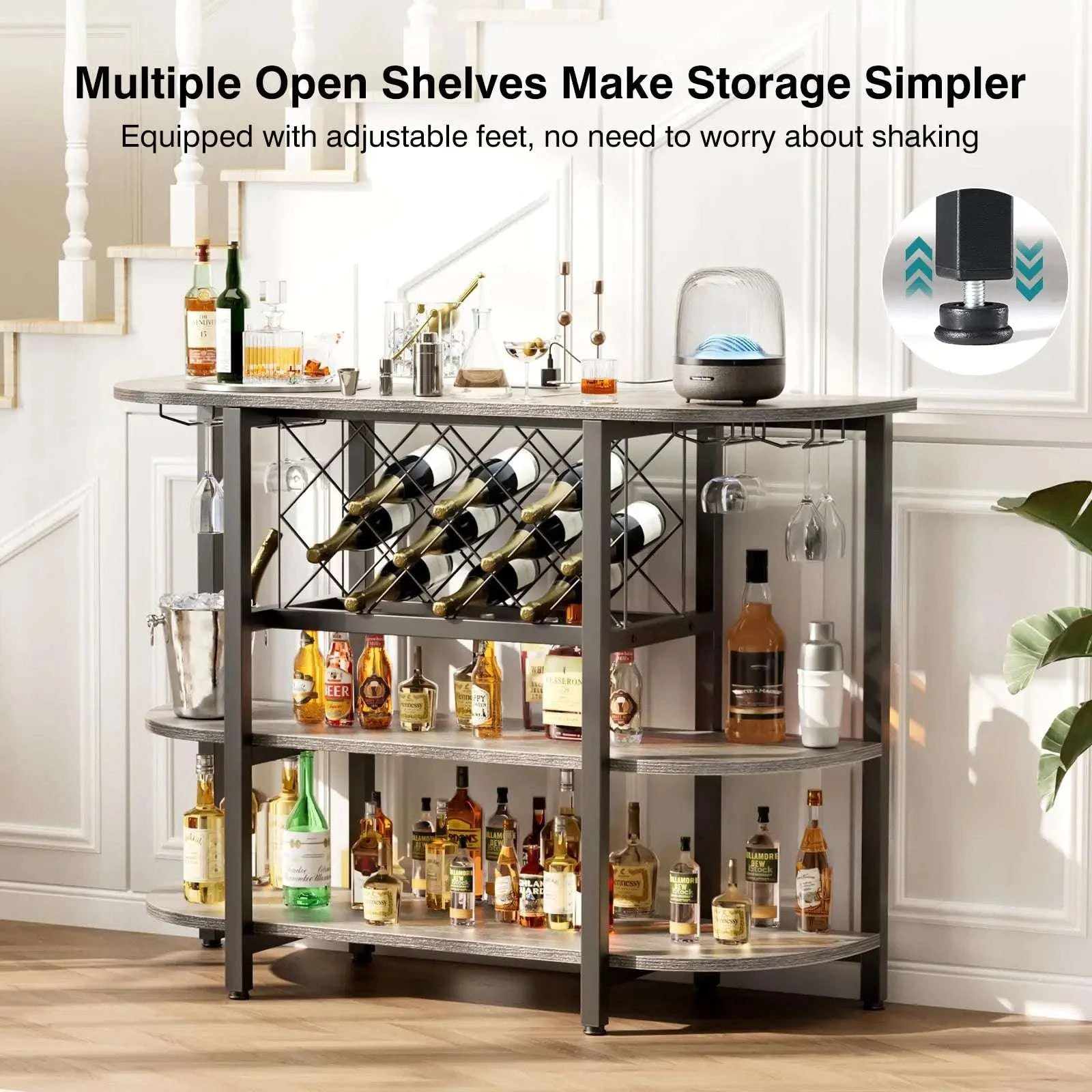 LED Bar Cabinet with Charging Station and Wine Storage Rack-RUST / United States