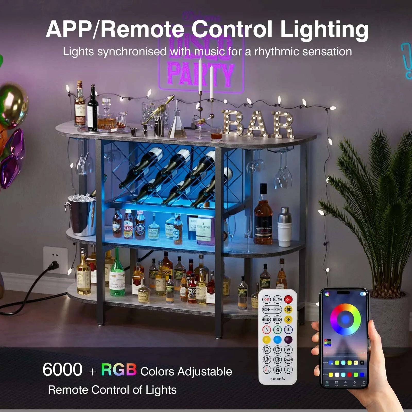 LED Bar Cabinet with Charging Station and Wine Storage Rack-RUST / United States