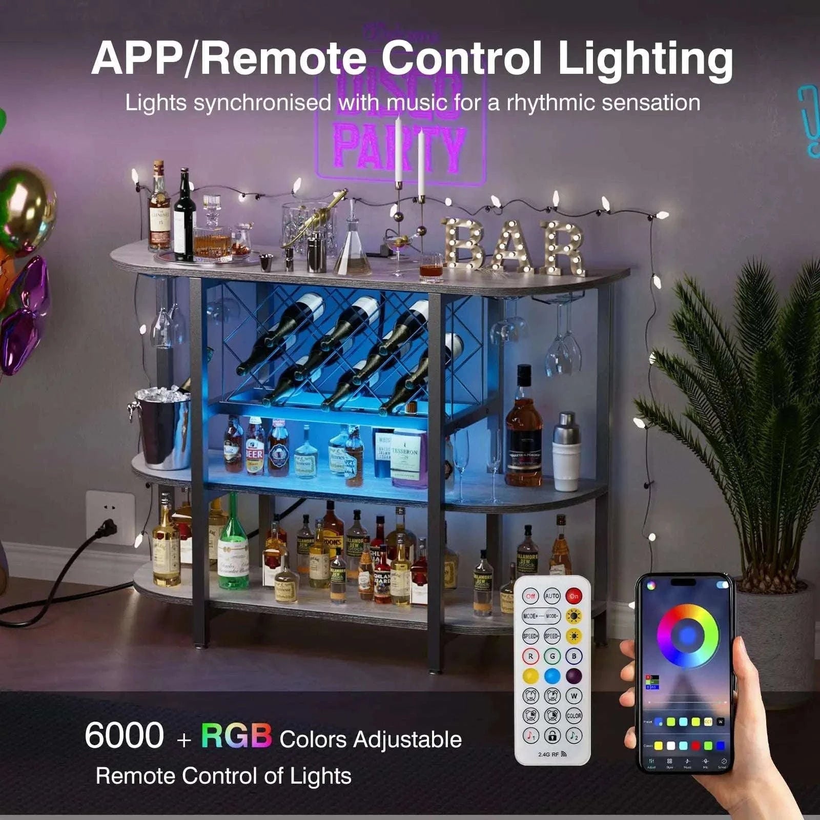 LED Bar Cabinet with Charging Station and Wine Storage Rack-RUST / United States