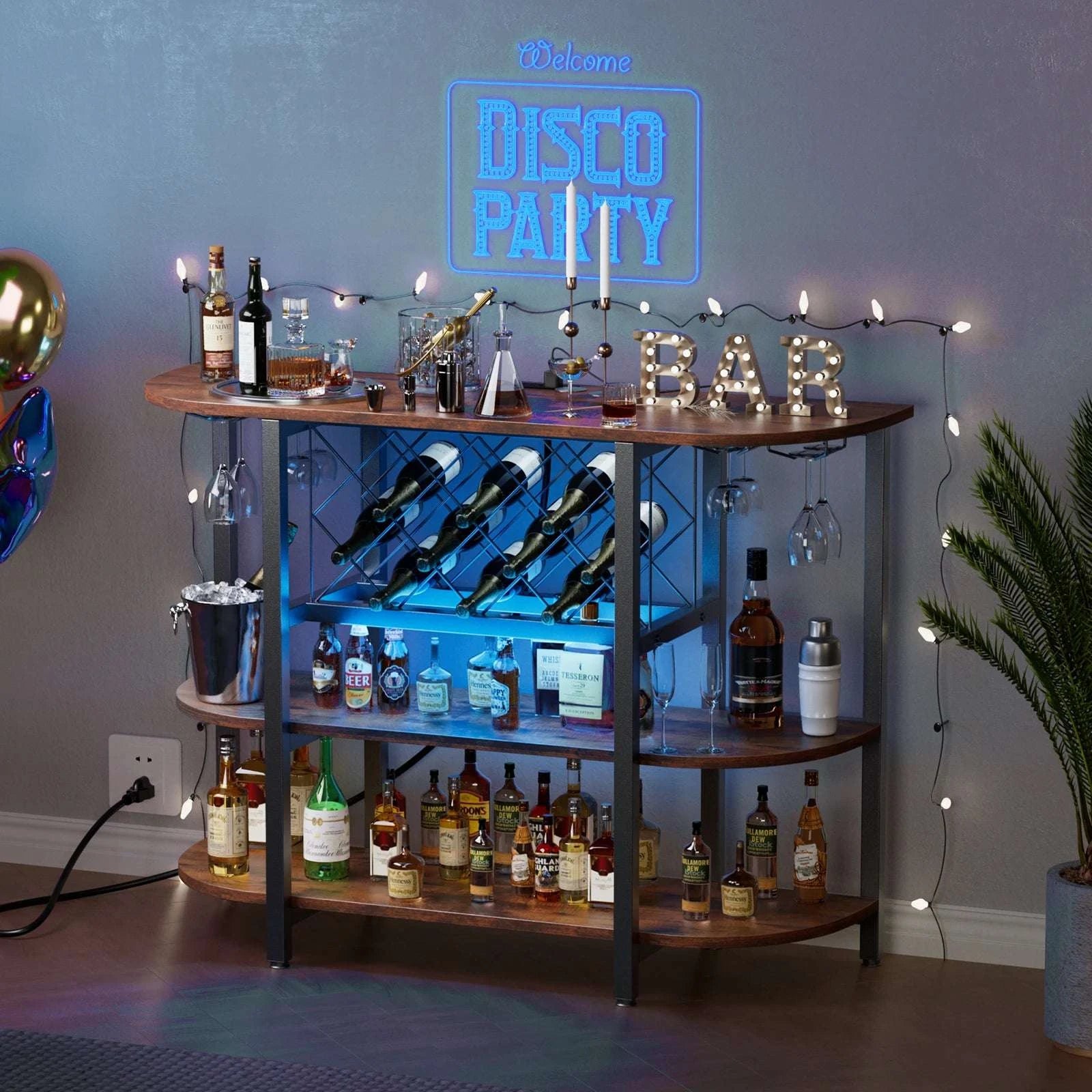 LED Bar Cabinet with Storage, Charging Station & Wine Rack-Gray / United States