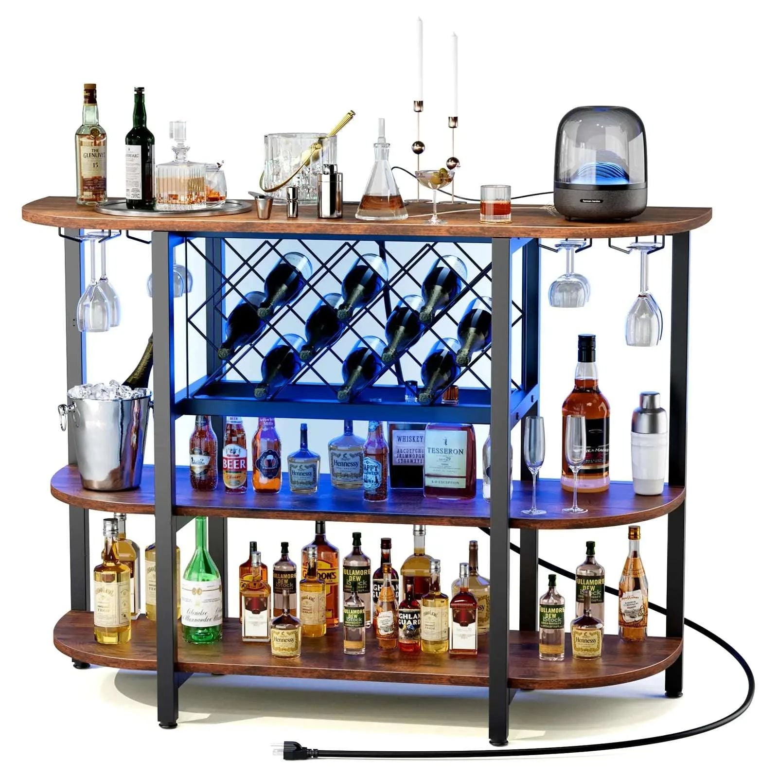 LED Bar Cabinet with Storage, Charging Station & Wine Rack-Gray / United States