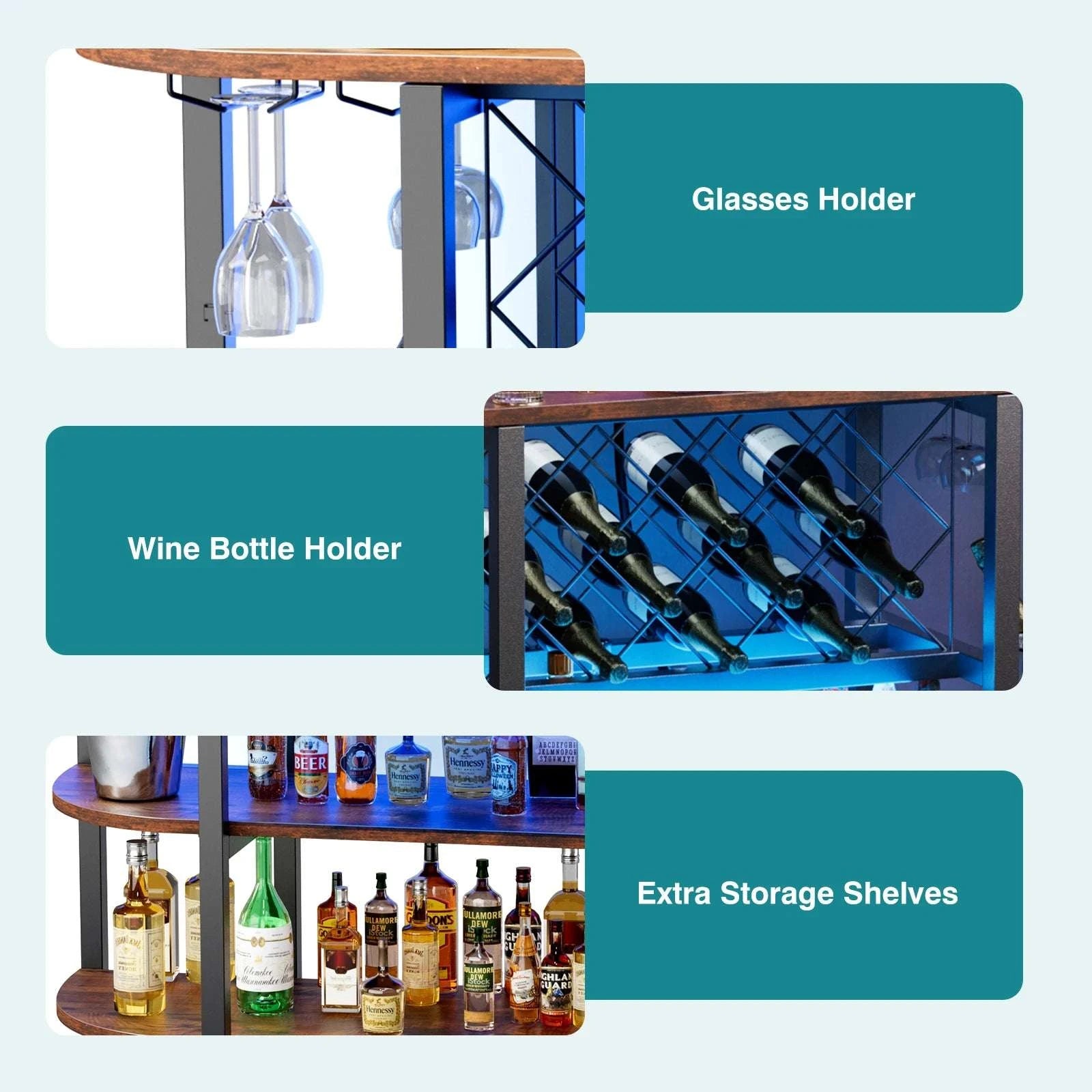 LED Bar Cabinet with Storage, Charging Station & Wine Rack-Gray / United States