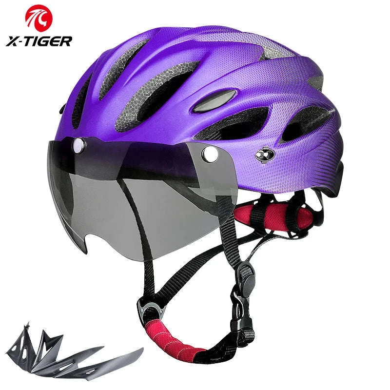 LED Bike Helmet with Dual-Mode Rear Light and Goggles-Red