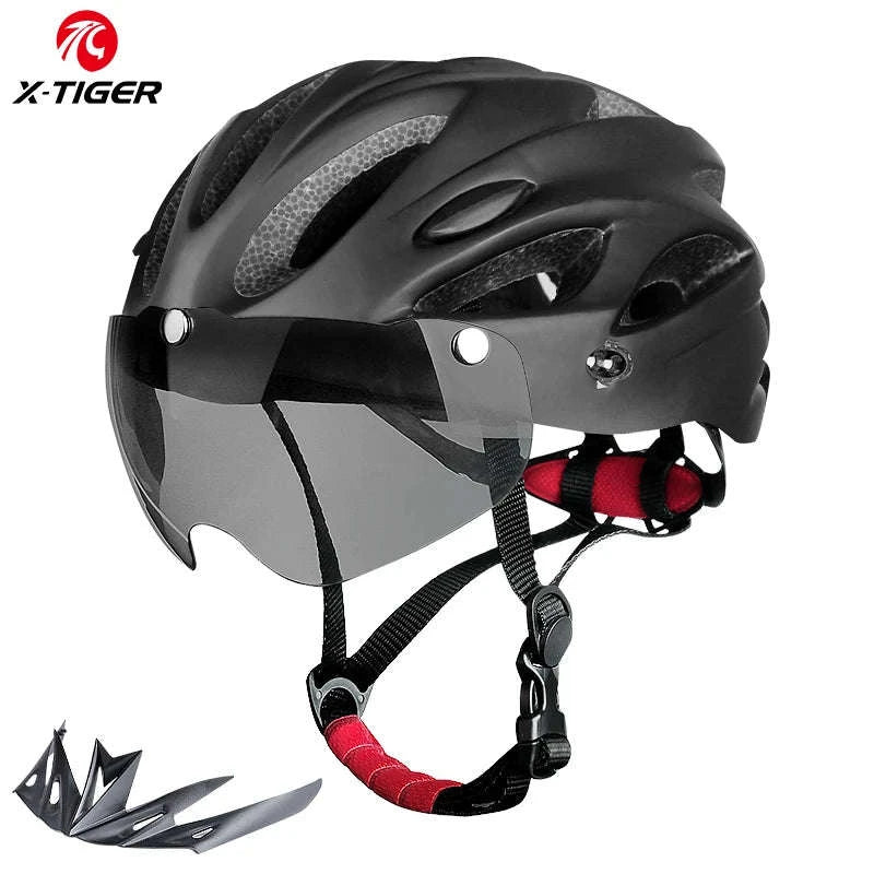 LED Bike Helmet with Dual-Mode Rear Light and Goggles-Red