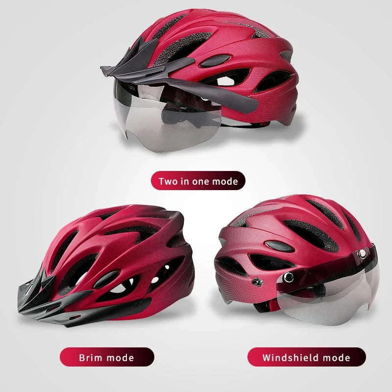 LED Bike Helmet with Dual-Mode Rear Light and Goggles-Red