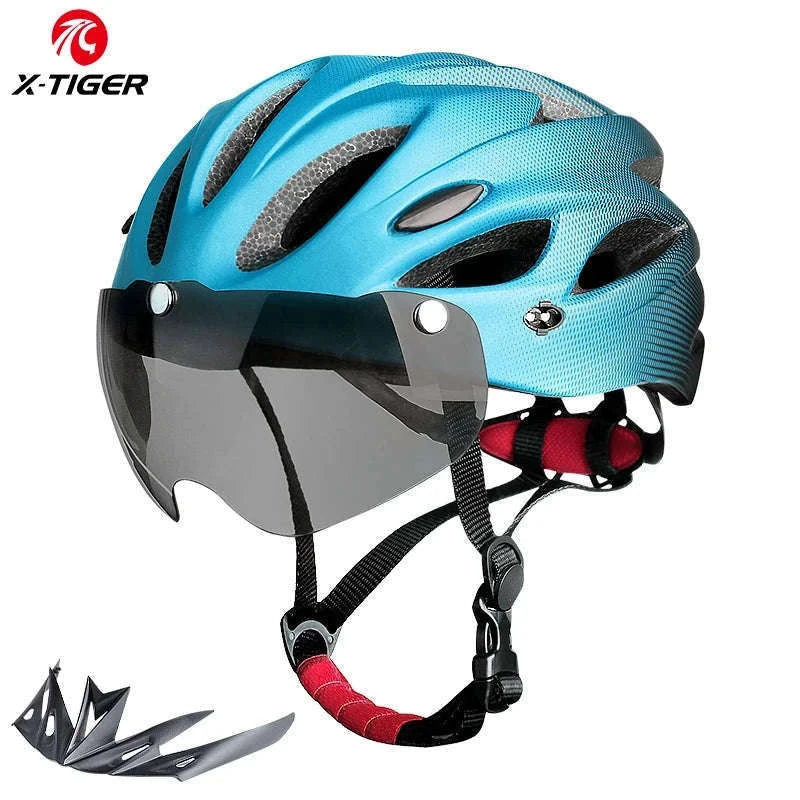 LED Bike Helmet with Rear Light, Goggles, and Adjustable Fit-Blue