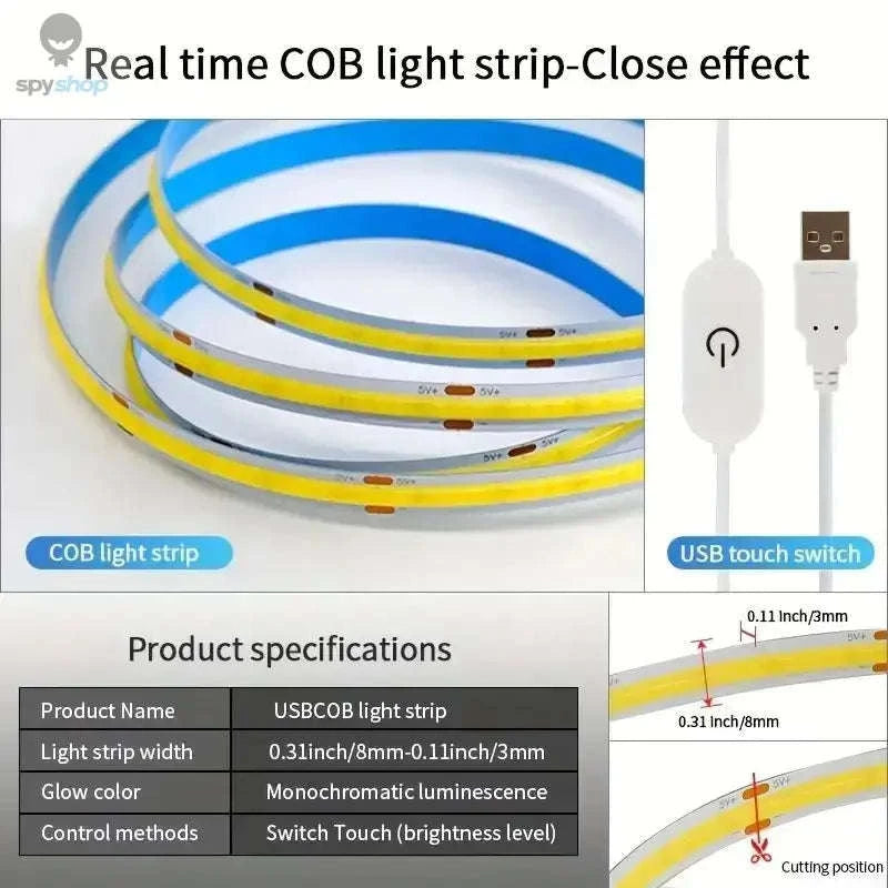 LED COB Light Strip Touch Dimmer USB Tape Lamp-Cold White / 2m