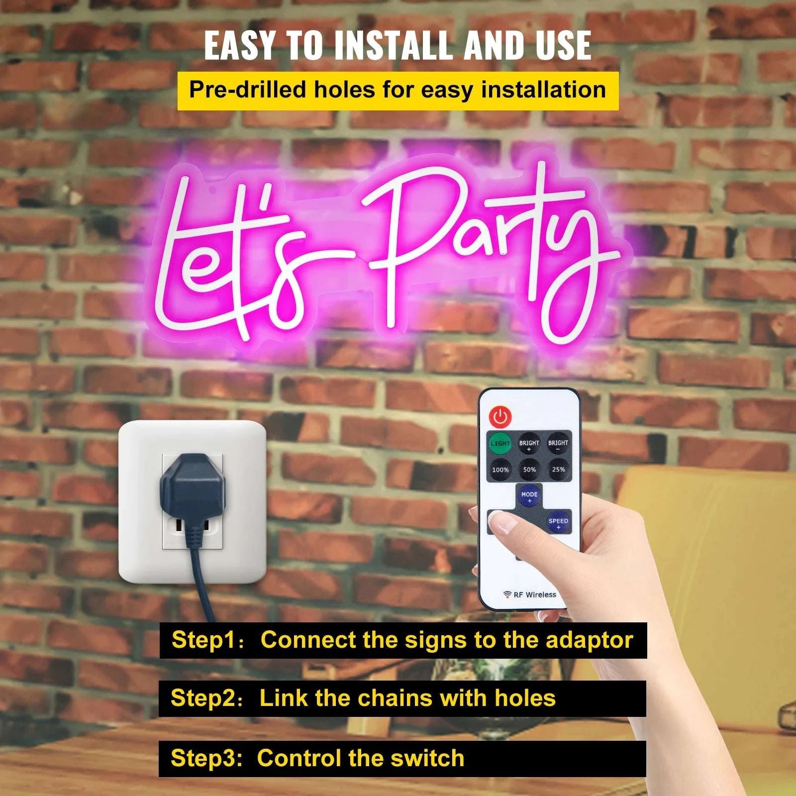 LED “Let’s Party” Neon Sign with Remote & Adjustable Brightness-Pink 20W / United States