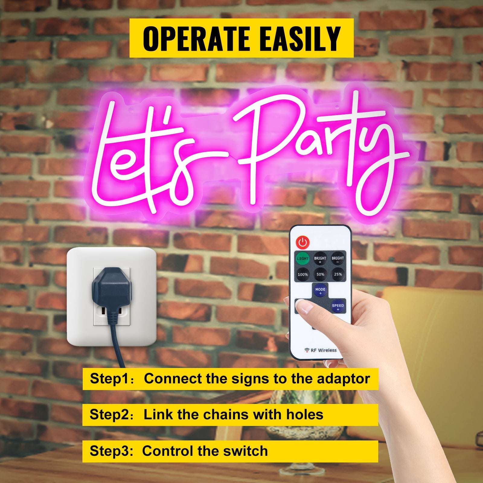 LED “Let’s Party” Neon Sign with Remote & Adjustable Brightness-Pink 20W / United States