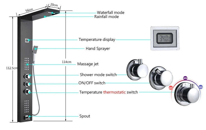 LED Shower Panel Massage Jet Shower System-Black 8804 / United States