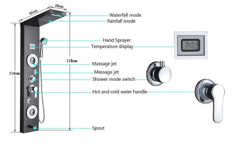 LED Shower Panel Massage Jet Shower System-Black 8804 / United States