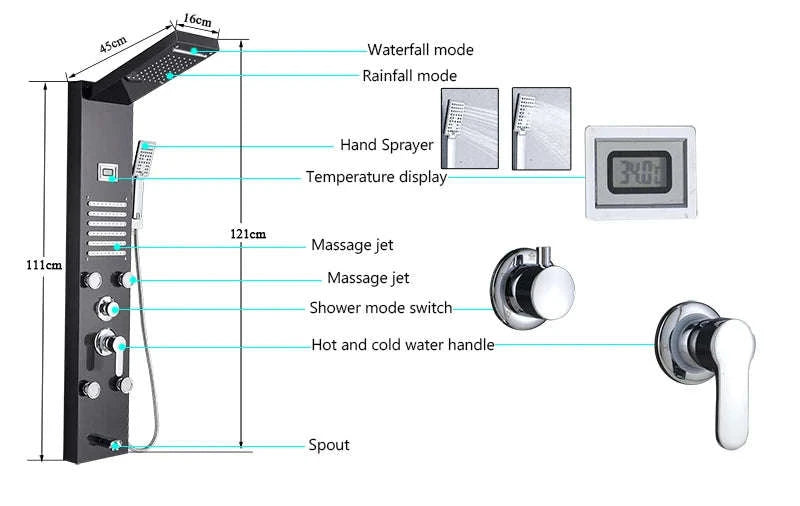 LED Shower Panel Massage Jet Shower System-Black 8804 / United States