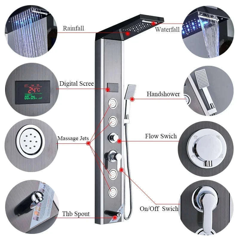 LED Shower Panel Massage Jet Shower System-Black 8804 / United States