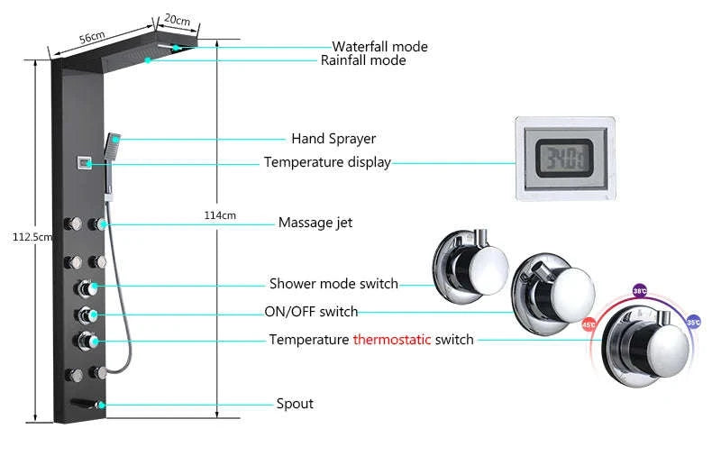 LED Shower Panel Massage Jet Shower System-Black 8804 / United States