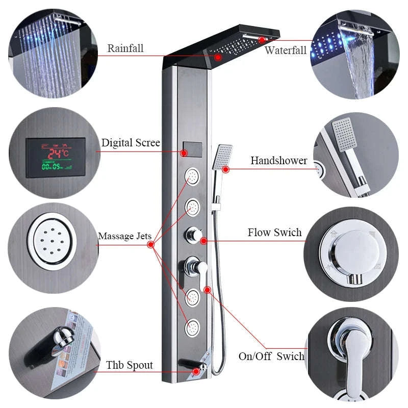 LED Shower Panel Massage Jet Shower System-Black 8804 / United States