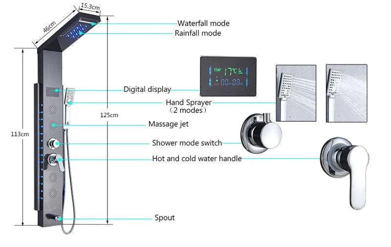 LED Shower Panel Massage Jet Shower System-Black 8804 / United States