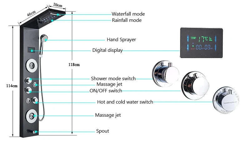 LED Shower Panel Massage Jet Shower System-Black 8804 / United States