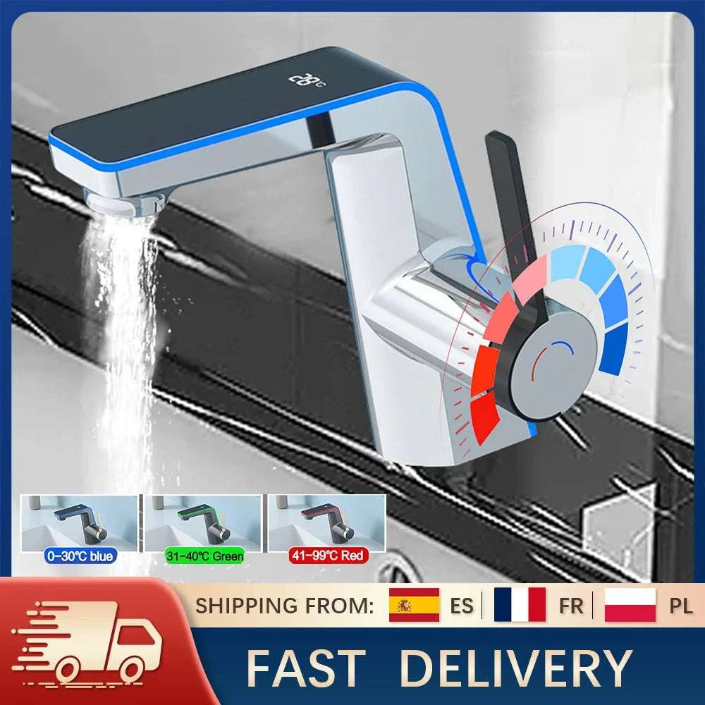 LED Temperature Display Bathroom Faucet with Dual Spray Modes-Black / france / Surface Finishing: include 60cm hose