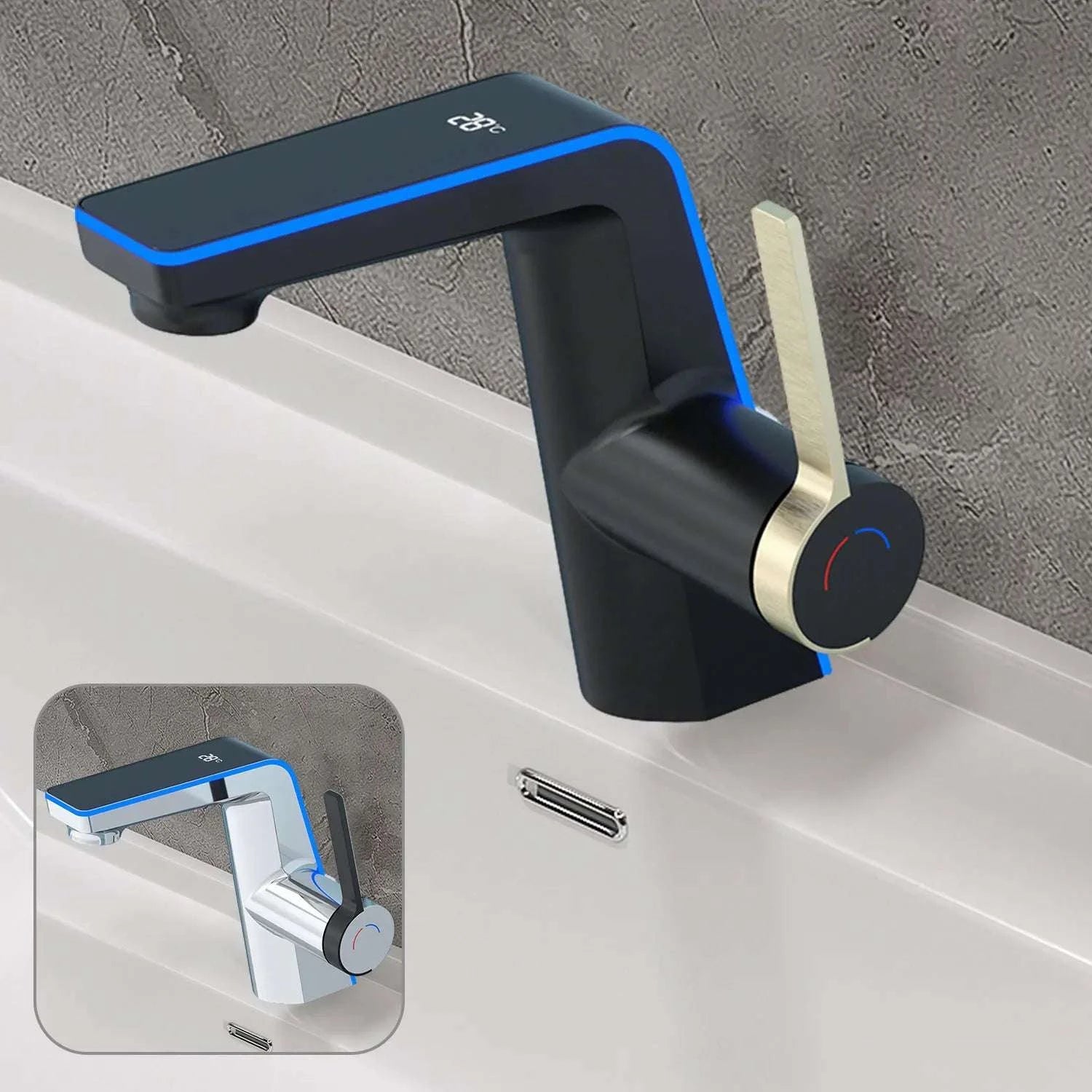 LED Temperature Display Bathroom Faucet with Dual Spray Modes-Black / france / Surface Finishing: include 60cm hose