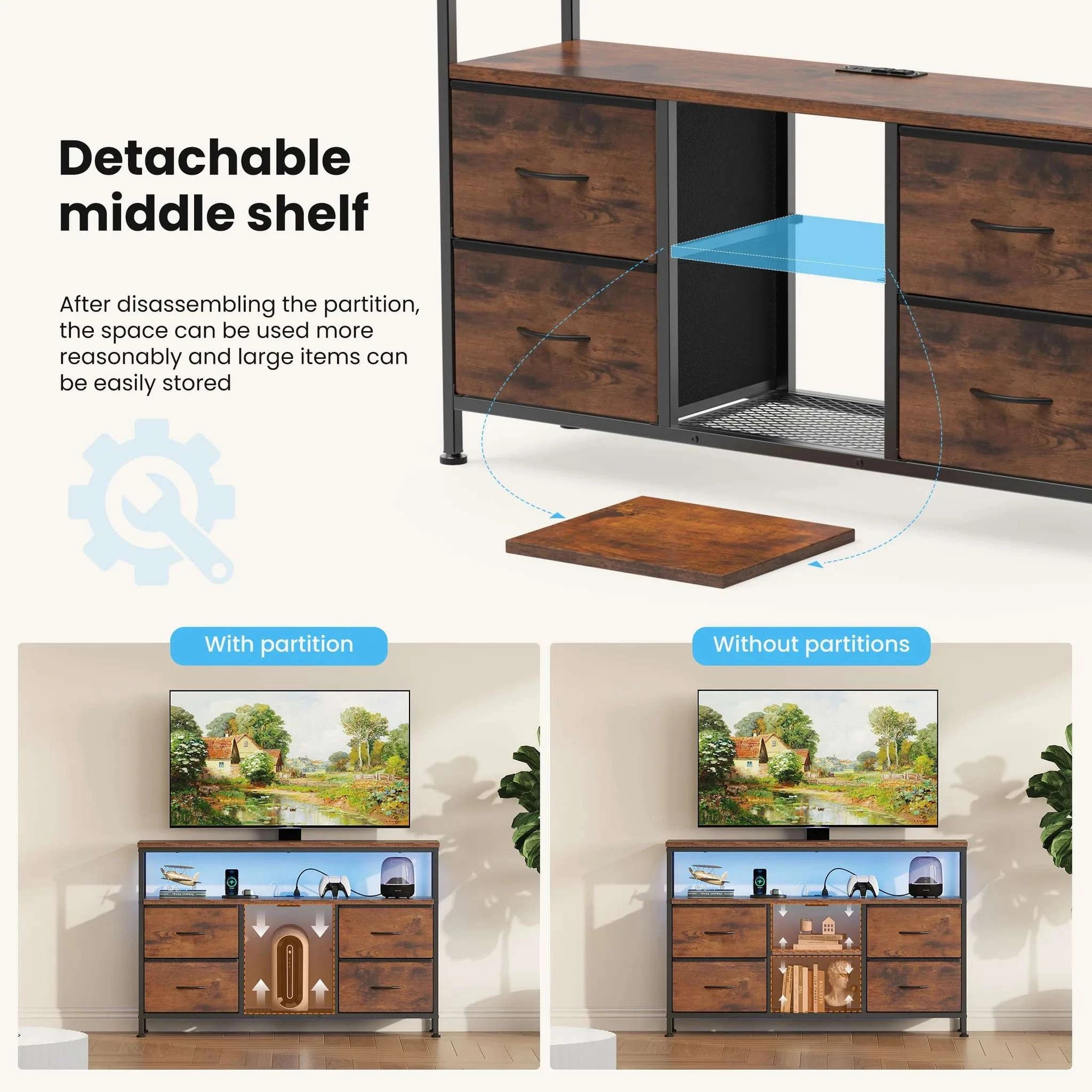 LED TV Stand with Storage Drawers & Power Outlets for 50" TV-Brown / United States