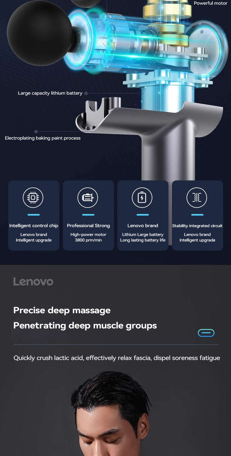 Lenovo Wireless Massager Gun with 8 Massage Heads-Grey