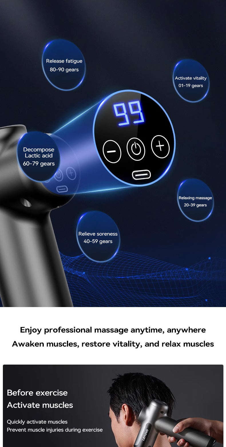Lenovo Wireless Massager Gun with 8 Massage Heads-Grey