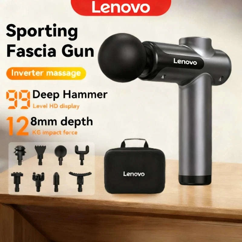 Lenovo Wireless Massager Gun with 8 Massage Heads-Grey