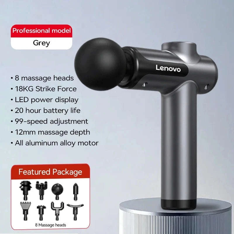 Lenovo Wireless Massager Gun with 8 Massage Heads-Grey