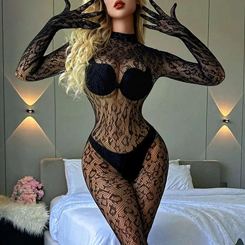 Leopard Print Bodystocking Mesh Lingerie Set-25-Black / One Size