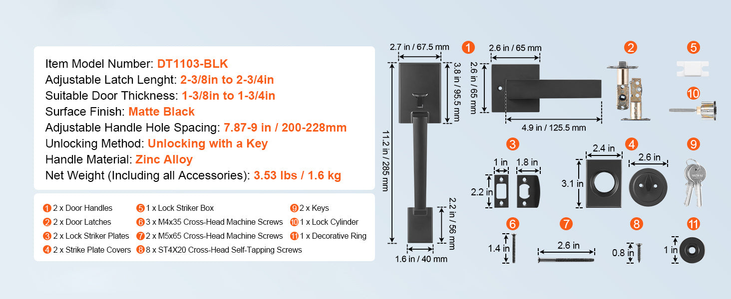 Matte Black Front Door Handle Set with Reversible Lever & Lock