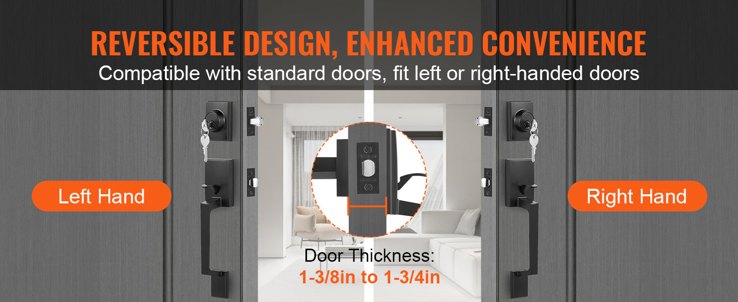 Matte Black Front Door Handle Set with Reversible Lever & Lock