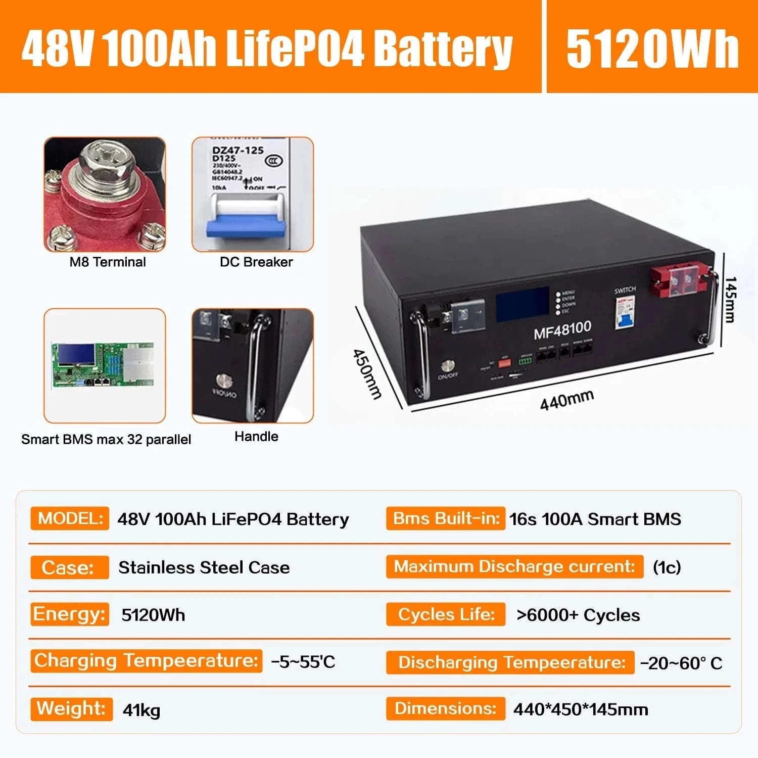 LiFePO4 Lithium Battery 100Ah-400Ah 12V/24V/48V with 100A BMS-12V 400Ah-5210Wh / China Mainland