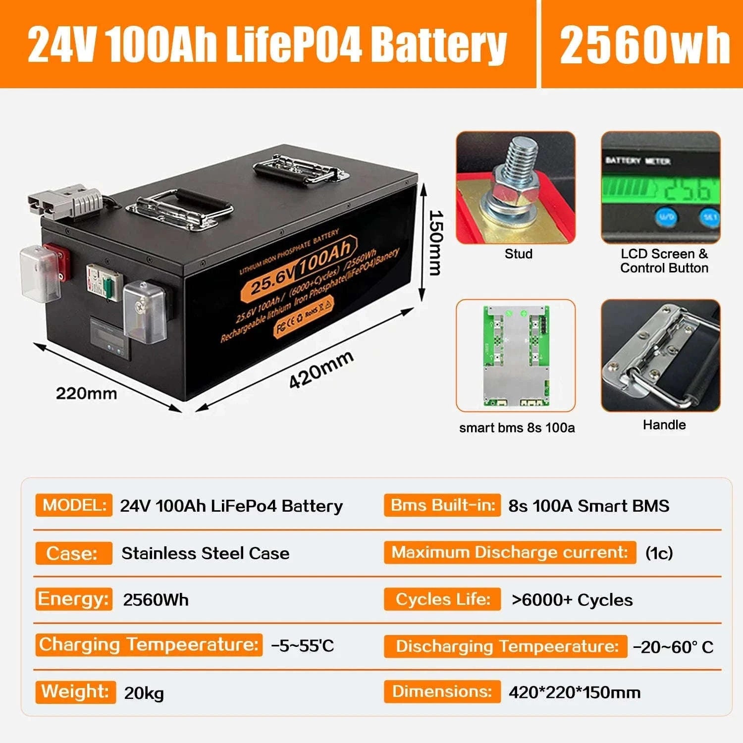 LiFePO4 Lithium Battery 100Ah-400Ah 12V/24V/48V with 100A BMS-12V 400Ah-5210Wh / China Mainland