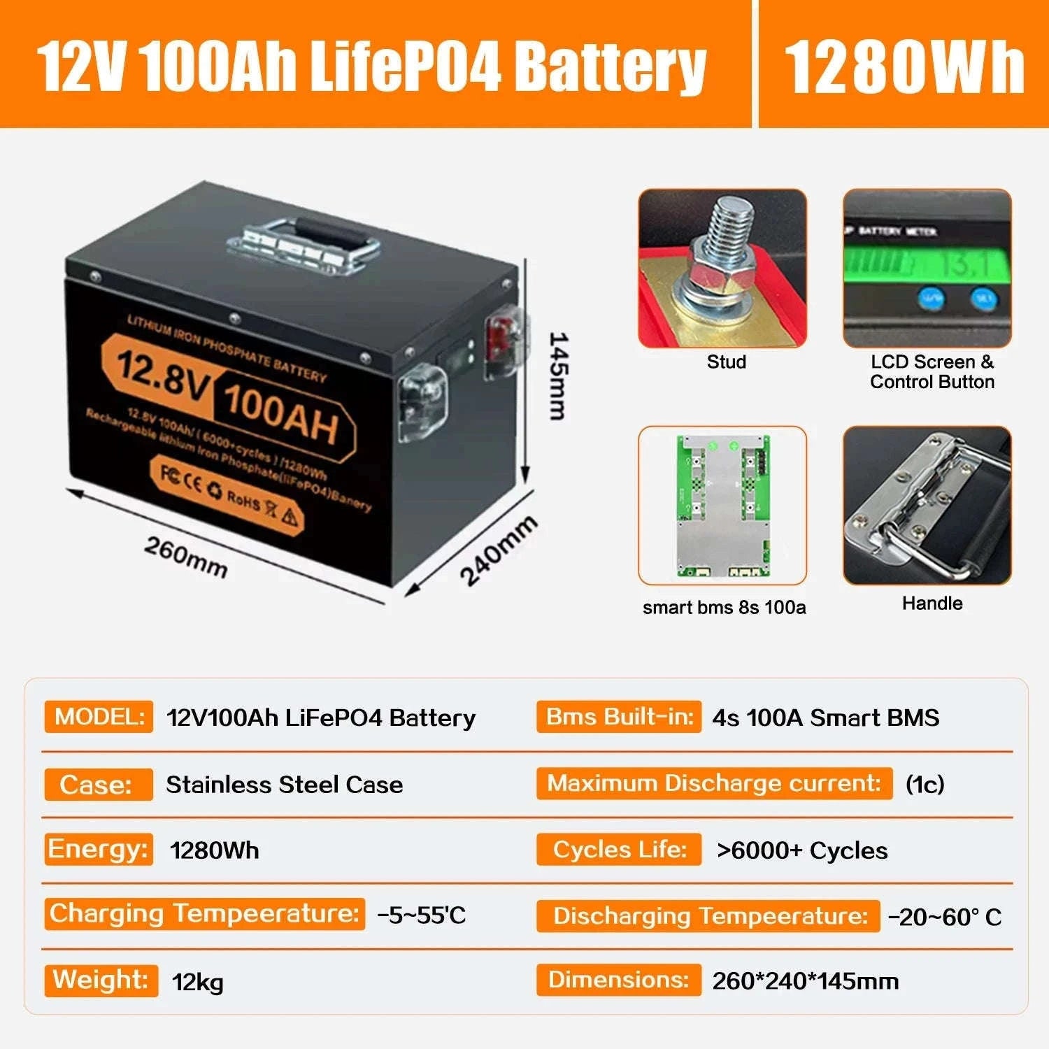 LiFePO4 Lithium Battery 100Ah-400Ah 12V/24V/48V with 100A BMS-12V 400Ah-5210Wh / China Mainland