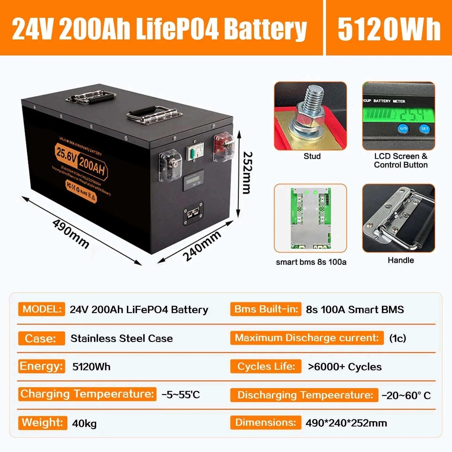 LiFePO4 Lithium Battery 100Ah-400Ah 12V/24V/48V with 100A BMS-12V 400Ah-5210Wh / China Mainland