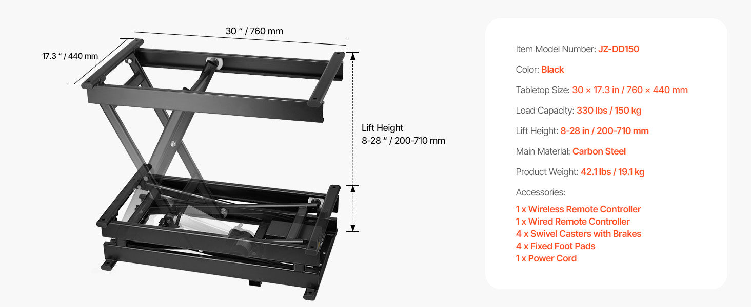 Electric Scissor Lift Table 330lb Adjustable 8–28in Platform